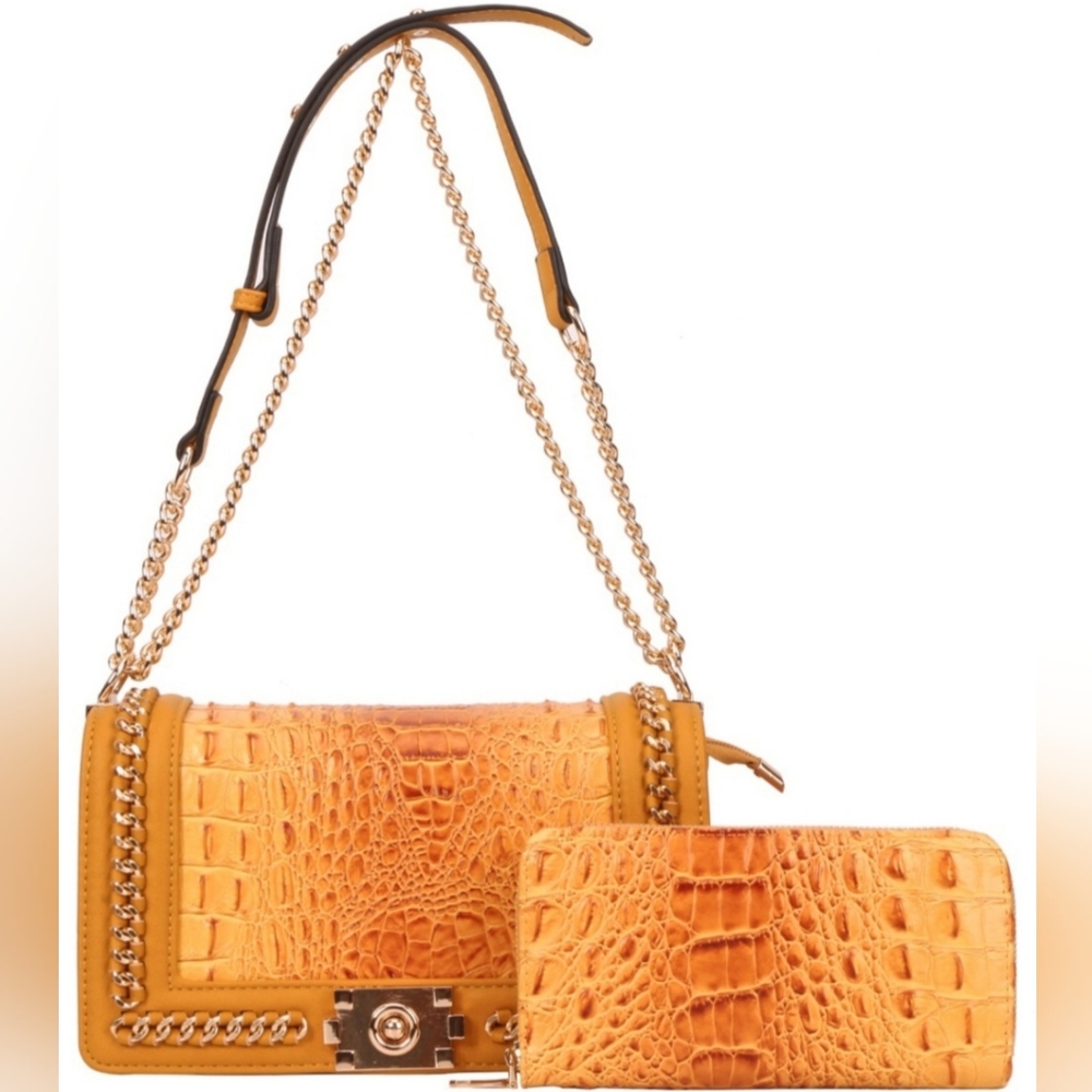 Elegant Mustard Yellow Croc-Embossed Women's Bag 2pc
